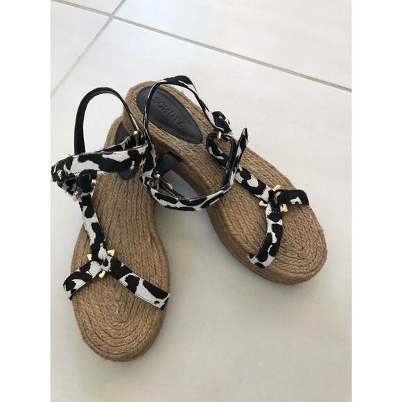 Schutz Sandalia Salto Baixo Platform Jute Animal Print Sandals - Picture 1 of 12